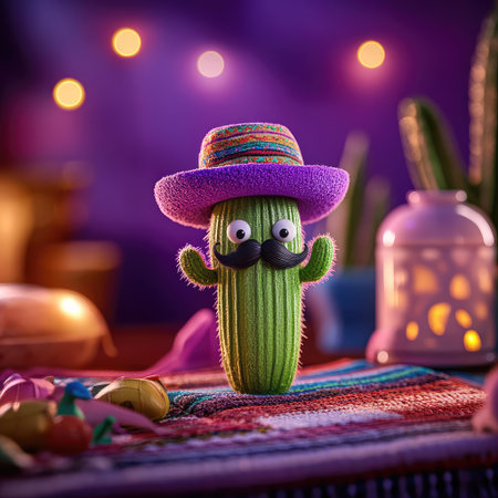 This whimsical cactus character, adorned with a vibrant sombrero and playful mustache, brings a cheerful and festive touch to any setting.の素材