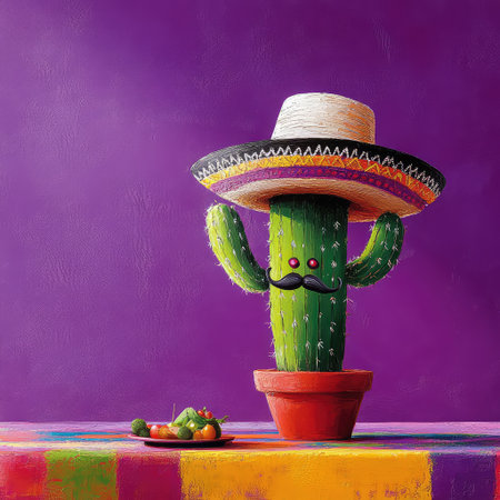 This vibrant illustration features a playful cactus dressed in a sombrero and mustache, set against a bright purple background, evoking joy and fun.の素材