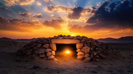 A captivating sunset illuminating an ancient stone structure in a vast desert landscape, highlighting the beauty of nature and tranquility during twilight.の素材