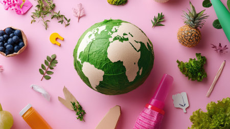 A vibrant flat lay featuring a creatively designed globe made of paper on a pink background, surrounded by assorted fruits and vegetables, promoting sustainability.の素材