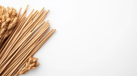 A stunning arrangement of dried grasses and straws creates a tranquil and elegant atmosphere. Perfect for minimalist decor or crafting, this natural composition highlights earthy tones and organic textures, inviting a touch of nature into any space.の素材