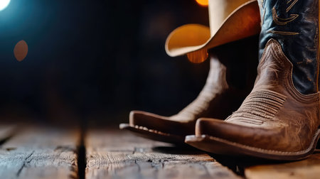 This close-up image showcases stylish western boots resting on a rustic wooden floor, illuminated by warm ambient lighting, embodying country fashion.の素材