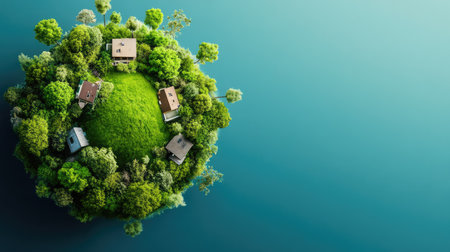 This stunning aerial image captures isolated homesteads surrounded by vibrant greenery and tranquil blue waters, creating a serene escape into nature.の素材