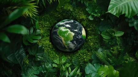 A stunning aerial view of Earth nestled amidst vibrant green foliage, showcasing the beauty of nature and the importance of ecological harmony.の素材