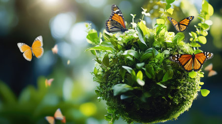 This enchanting image showcases a serene forest scene featuring vibrant monarch butterflies fluttering amidst lush greenery. The harmonious blend of nature creates a tranquil atmosphere, perfect for evoking peaceful feelings and appreciation for wildlife.の素材