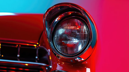 A captivating close-up of a vintage car headlight showcases exquisite details with a glossy chrome finish. The vibrant blue and pink background lights add a modern touch, creating a striking visual contrast that enhances the classic beauty of the automobile. Perfect for automotive enthusiasts and photographers.の素材