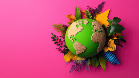 This vibrant image features a green Earth globe surrounded by colorful plants and decorative elements, set against a striking pink background, symbolizing creativity and sustainability.の素材
