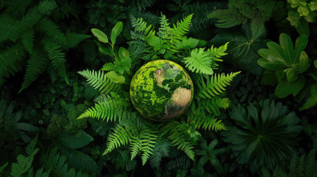 This captivating image features a globe surrounded by abundant greenery, symbolizing the importance of nature and environmental conservation. The vibrant plants and ferns highlight the beauty of the ecosystem and evoke a sense of tranquility and harmony in the natural world.の素材