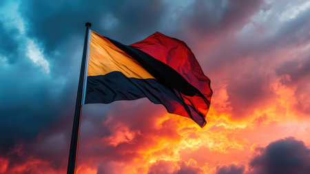 A striking image showcasing a flag waving against a dramatic sunset sky filled with colorful clouds, evoking feelings of pride and freedom.の素材