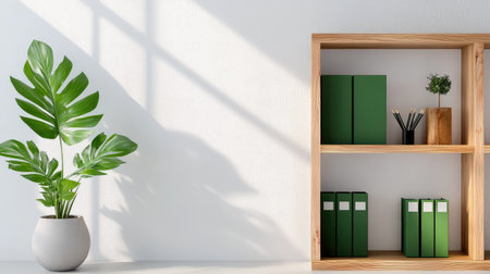 This image showcases a modern minimalist interior design featuring green plants and wooden shelves bathed in bright natural light, creating a serene workspace atmosphere.の素材