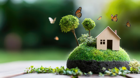 A colorful scene featuring a miniature house surrounded by lush greenery and butterflies, representing a peaceful, eco-friendly lifestyle and nature's beauty.の素材