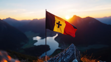 A captivating view of a flag waving atop a rocky peak during sunrise, with a serene lake and majestic mountains in the background, highlighting natural beauty.の素材