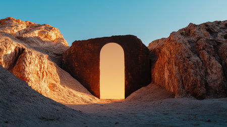 A stunning surreal view of a glowing archway set against a rocky landscape during sunset. The warm light and soft shadows create a captivating scene that evokes a sense of wonder and tranquility.の素材