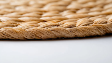 A detailed close-up image showcasing a natural woven mat made from jute or sisal, highlighting its unique textures and warm tones, ideal for home decor.の素材