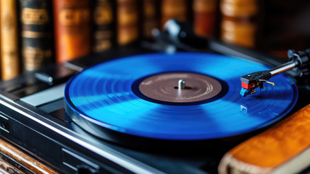A vintage turntable features a bright blue vinyl record rotating on its platter. The setting includes elegant bookshelves, offering a nostalgic musical ambiance perfect for home decor.の素材