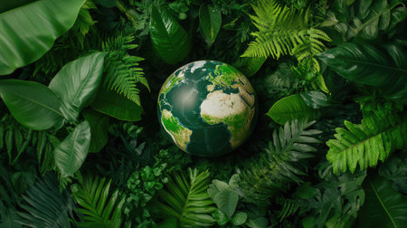 A stunning depiction of a globe nestled among vibrant green leaves, symbolizing the beauty of nature and emphasizing the importance of environmental conservation.の素材