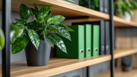 A contemporary office space featuring a stylish plant in a pot alongside organized green storage binders on wooden shelving. Ideal for modern work environments.の素材