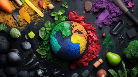 A captivating top view of a colorful Earth globe made from various natural materials, surrounded by vibrant spices, herbs, and fruits, showcasing creativity and sustainability.の素材