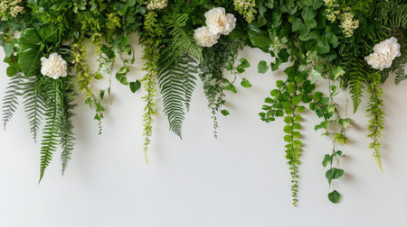 This image features a stunning arrangement of lush greenery intertwined with delicate white flowers against a simple background. Perfect for nature-inspired design and decor.の素材
