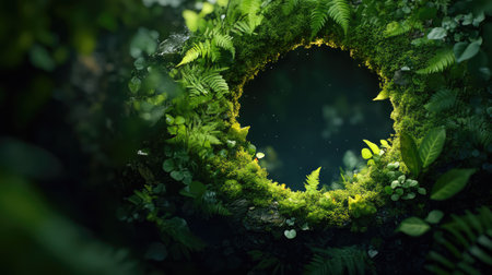 A breathtaking circular view of tranquil waters reflects the lush greenery and vibrant ferns in a serene forest. This picturesque setting evokes peace and calm.の素材