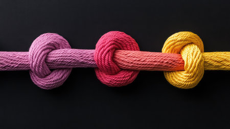 This image features a series of colorful knots tied in twisted rope against a dark background, symbolizing strength, unity, and connection, ideal for creative projects.の素材