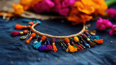 This striking handmade necklace features an array of colorful tassels and beads, perfect for adding a vibrant touch to any outfit. The intricate design enhances its charm and artisanal quality.の素材