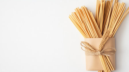 A visually appealing bundle of uncooked pasta wrapped gently with twine, coupled with wheat, presented on a pristine white background ideal for food-related projects.の素材