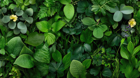A rich tapestry of diverse green leaves and delicate yellow flowers creates a vibrant and serene atmosphere perfect for nature lovers and garden enthusiasts.の素材