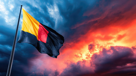 A stunning image of a flag waving in the wind against a backdrop of a dramatic sunset sky filled with vibrant clouds and rich colors.の素材