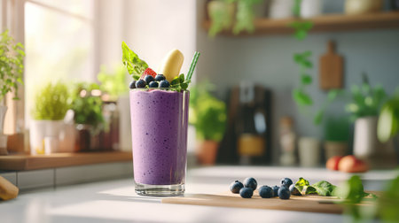 A vibrant blueberry smoothie garnished with fresh fruits and greens sits in a glass on a kitchen countertop. Ideal for health enthusiasts.の素材