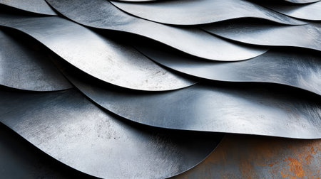 This image showcases a captivating abstract texture of layered metallic waves, featuring smooth surfaces, rich tones, and a striking modern design. Perfect for creative projects.の素材