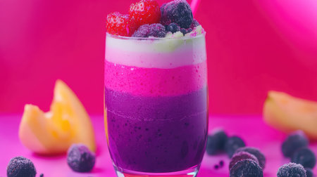 A vibrant layered smoothie featuring a mix of fruity flavors and textures, adorned with fresh berries, perfect for summer refreshment or party treats.の素材