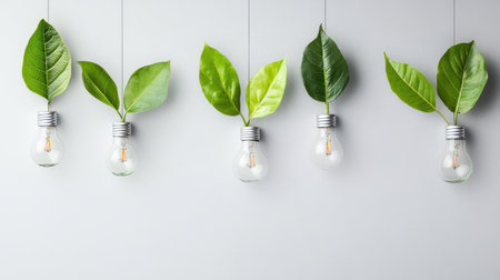 A captivating arrangement of light bulbs decorated with fresh green leaves, suspended against a minimalist gray background, symbolizing eco-friendly design and creativity.の素材