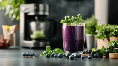 A vibrant berry smoothie garnished with fresh mint sits in a glass on a stylish kitchen countertop, showcasing healthy ingredients and a juicer.の素材