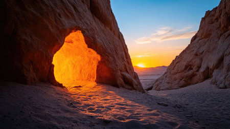 This captivating image showcases a glowing cave entrance framed by rugged rock formations, capturing the beauty of a serene sunset over a vast desert.の素材