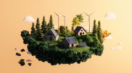 Discover an imaginative eco village on a floating island, featuring cozy homes powered by renewable energy, surrounded by lush greenery and a bright sky.の素材
