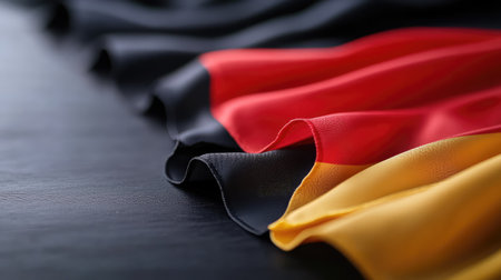 This image showcases a close-up view of a flag featuring black, red, and yellow colors, elegantly draped on a dark surface, symbolizing cultural pride and identity.の素材