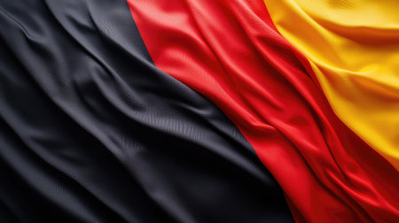 A close-up view of the German flag showing the elegant interplay of black, red, and yellow fabric textures creating a smooth, flowing wave effect.の素材