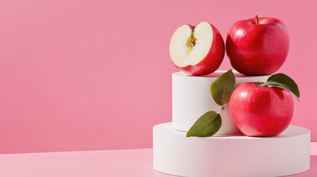 A visually appealing arrangement of fresh red apples on white pedestals, set against a soft pink background, highlighting themes of health and vitality.の素材