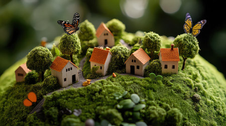 Explore a whimsical miniature village set on a lush mossy landscape adorned with vibrant butterflies, encapsulating tranquility and natural beauty.の素材