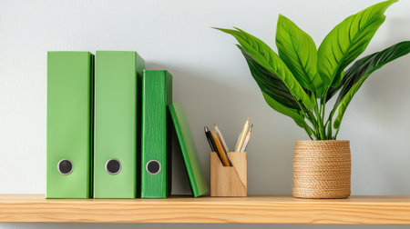 A stylish wooden shelf displays green binders, a decorative plant, and desk accessories, creating a modern and organized workspace environment.の素材