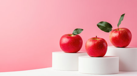 This image captures fresh red apples artfully arranged on white pedestals against a soft pink background, perfect for food-themed projects.の素材
