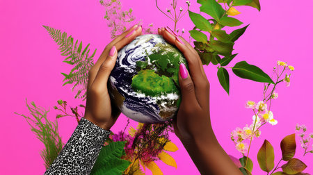 Two hands delicately cradle the Earth, surrounded by vibrant greenery and flowers against a bold pink background, symbolizing care for the planet.の素材