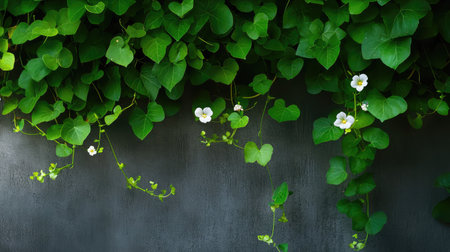 This image shows lush green ivy leaves cascading with delicate white flowers against a dark background, ideal for nature-themed projects.の素材