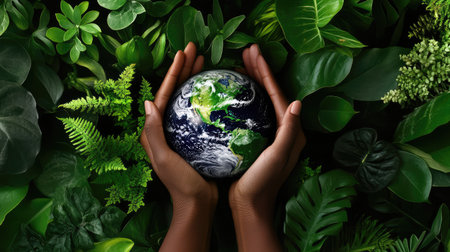 A captivating image of hands gently holding a globe amidst vibrant green foliage, symbolizing the harmony between humanity and nature. The visual conveys themes of environmental care and global awareness for a sustainable future.の素材