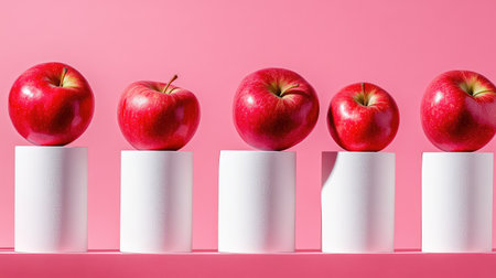 A visually striking composition featuring five fresh red apples placed on white cylinders, set against a vivid pink background. This modern still life captures the essence of freshness and simplicity.の素材
