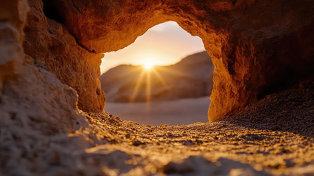 This stunning image captures a breathtaking sunset viewed through a natural rock arch. The warm golden light bathes the desert landscape, creating a serene and tranquil atmosphere perfect for nature lovers and adventurers alike.の素材