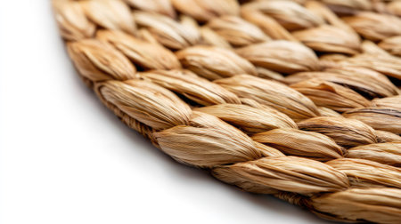 A close-up image of a beautifully handwoven plate made from dried grass, showcasing intricate texture and warm tones ideal for rustic home decor.の素材
