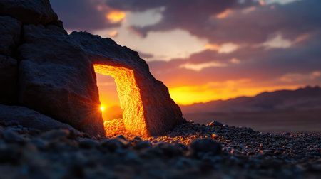 This stunning image captures an ethereal sunset shining through a stone archway in a calm desert setting, creating a serene and contemplative atmosphere.の素材