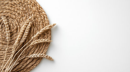 This image features delicate wheat stalks arranged thoughtfully on a round woven mat, set against a clean white background, blending nature with style.の素材